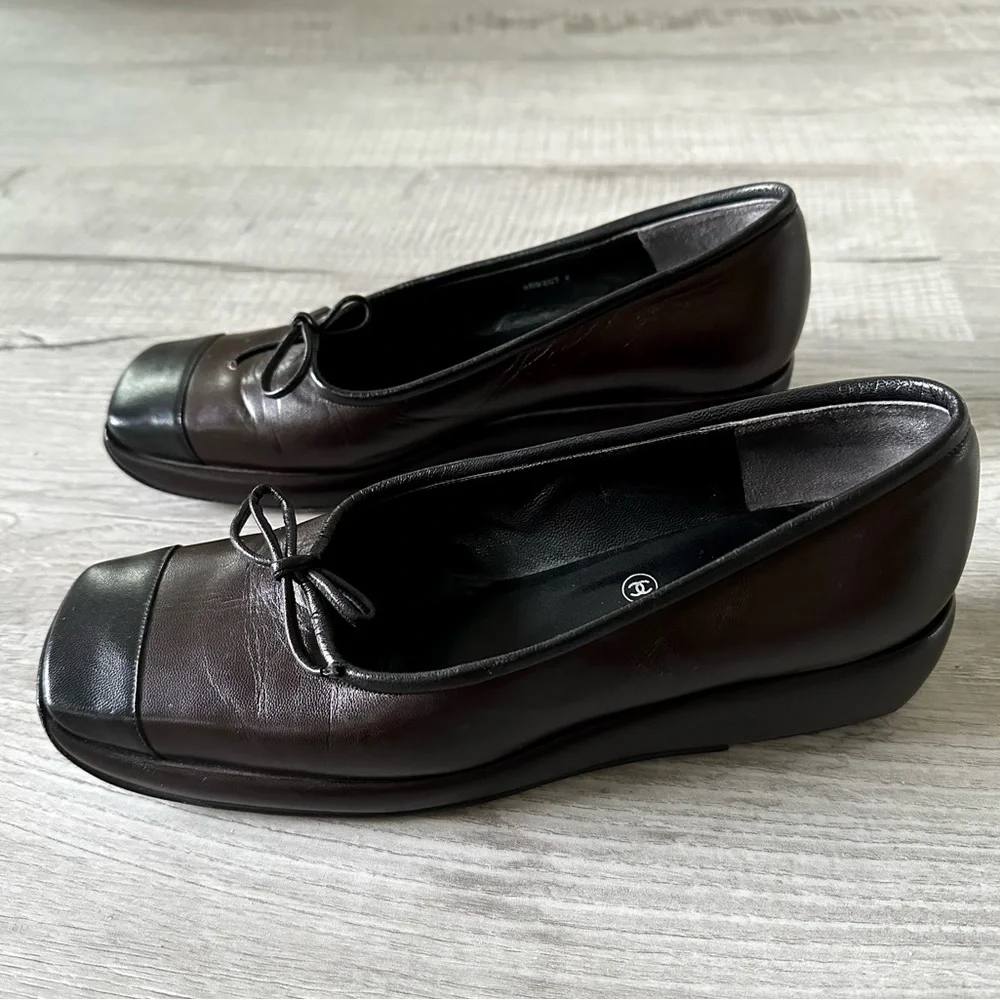 Vintage Chanel Cap Toe Ballerina Shoes with self tie Bows & Platform heels